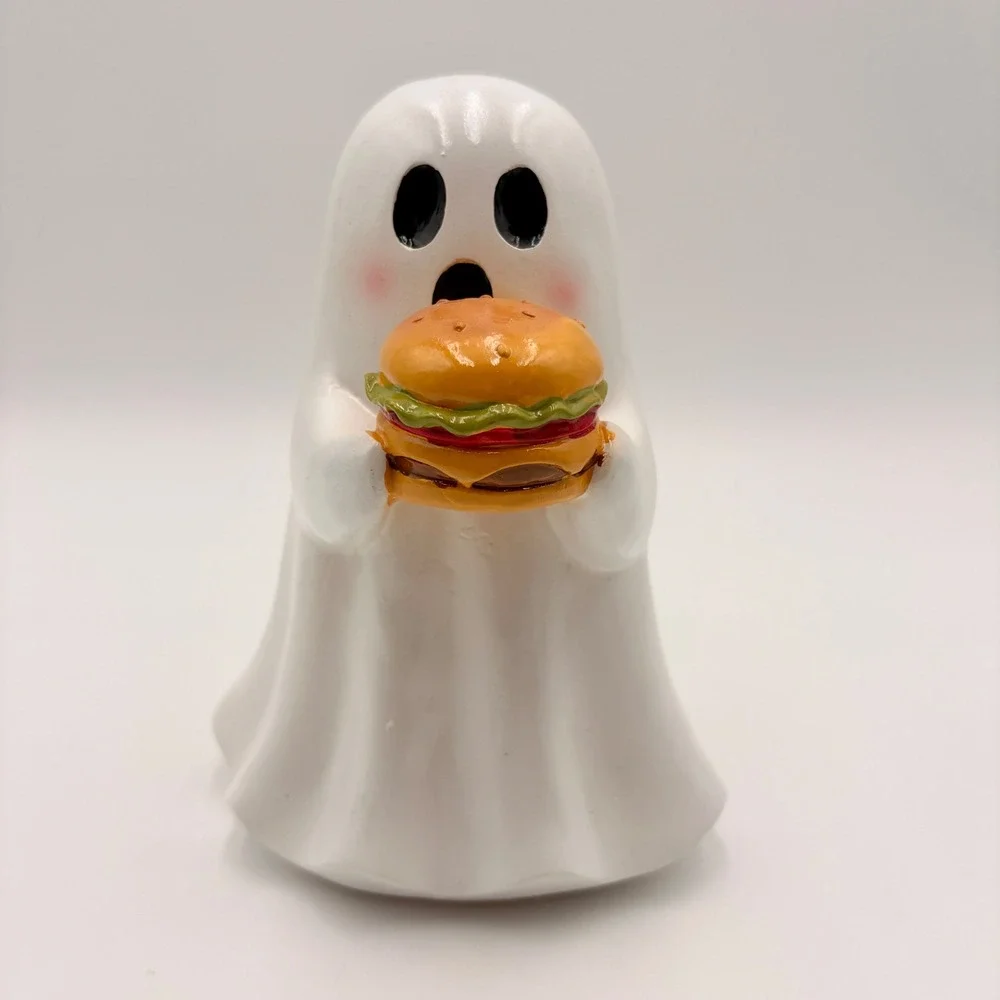 Ghost Holding Cheeseburger Figurine Halloween Decor White
